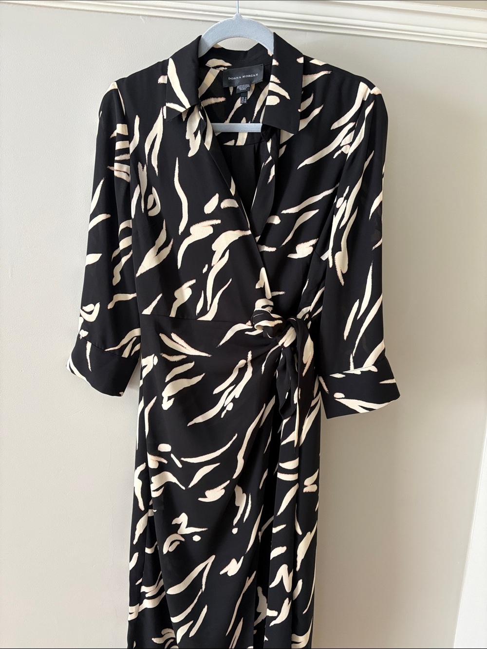 Donna Morgan Black and Cream Abstract Wrap Dress with Tie Waist
